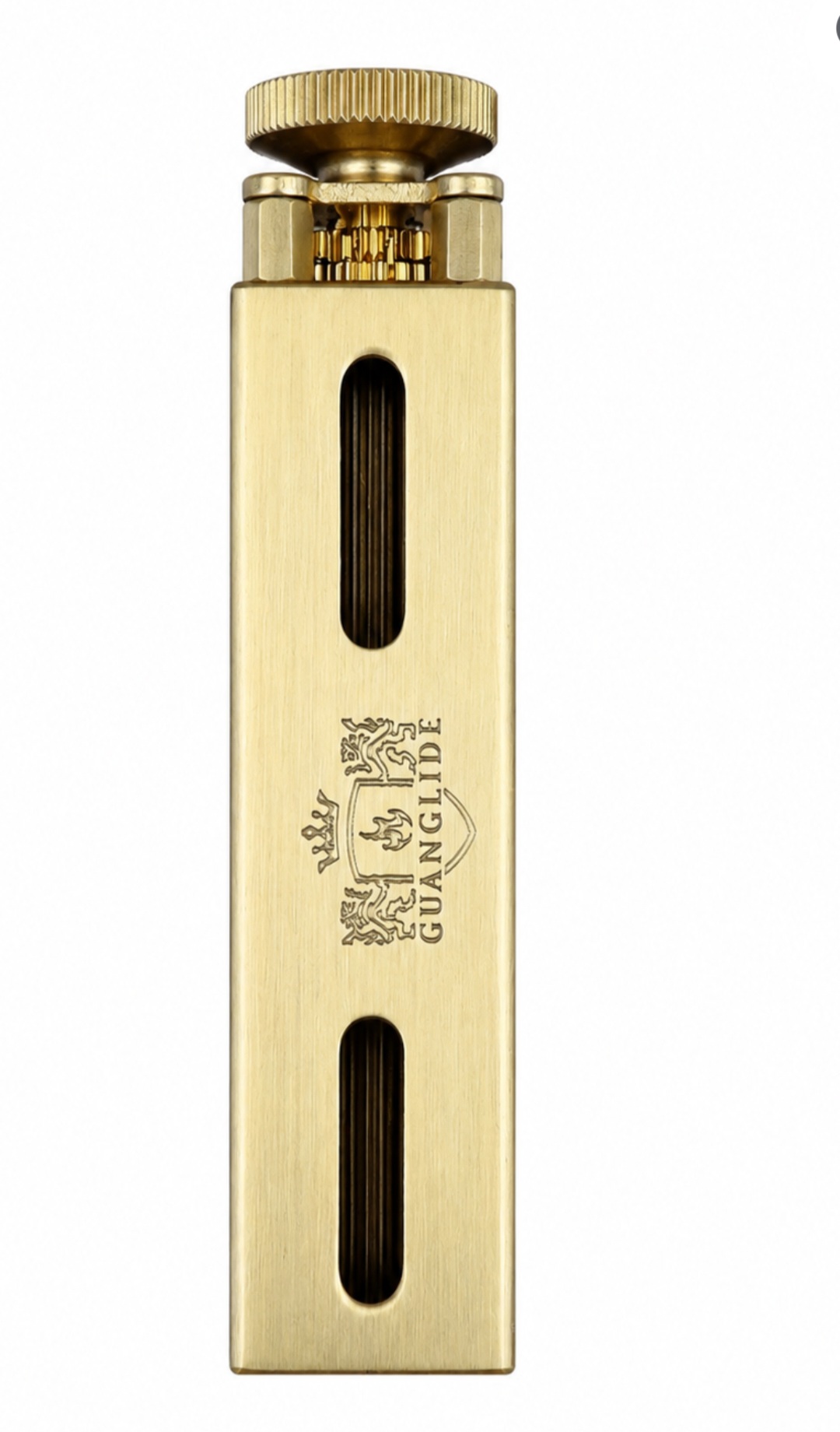 Close-up of the compact gold rolling machine body and knurled adjustment knob