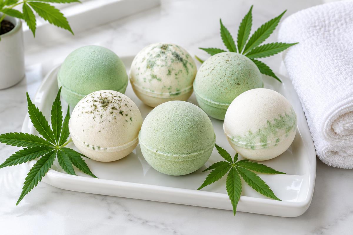 Assorted CBD bath bombs on a white tray with hemp leaves and a folded towel