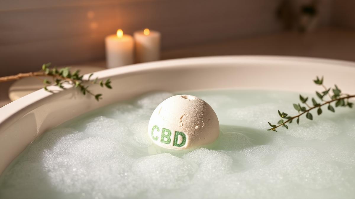 Best CBD bath bombs for stress relief after a long day, dissolving in a warm spa bath with candles and eucalyptus, Pure Leaf Relief