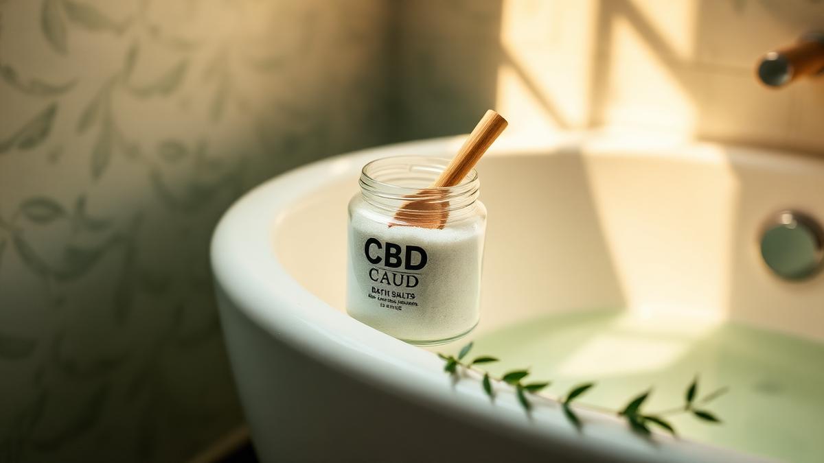 Jar of CBD bath salts with wooden scoop for measuring