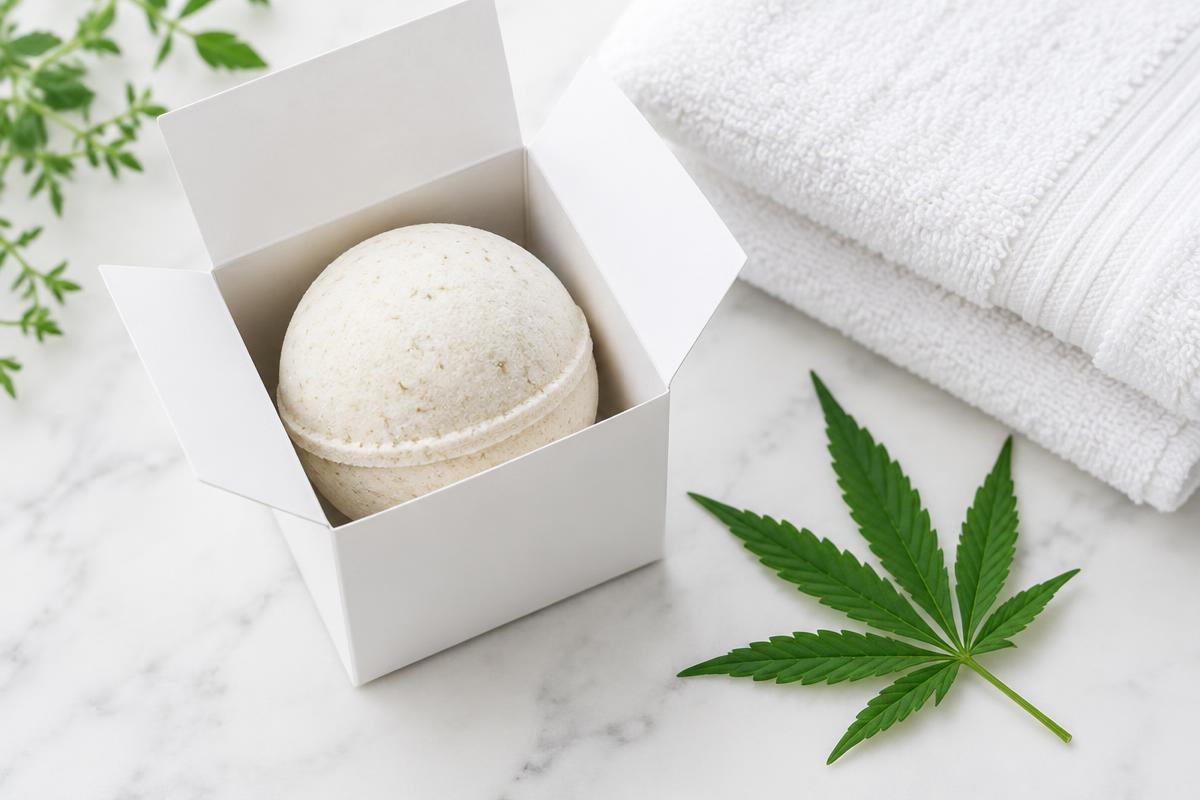 Single CBD bath bomb in a small box next to a towel and a hemp leaf