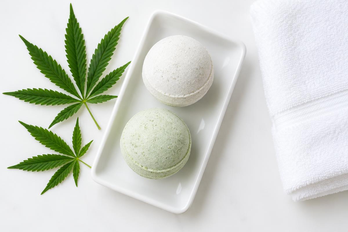 CBD bath bombs on a white tray next to hemp leaves and a folded towel
