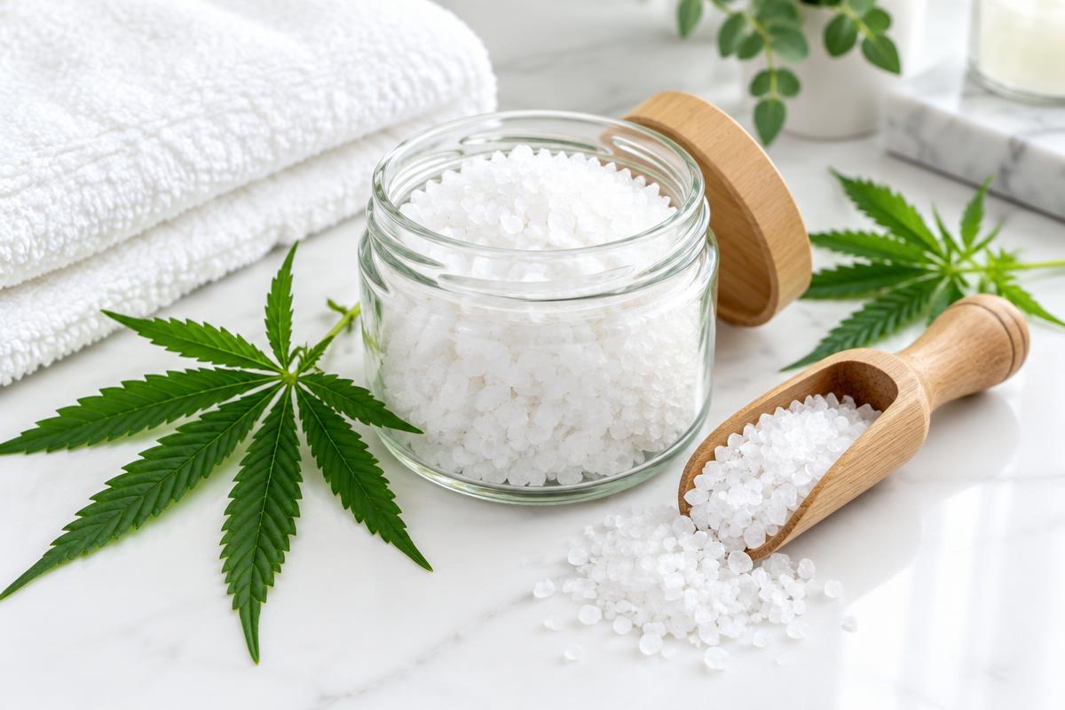 Jar of CBD bath salts with a wooden scoop, hemp leaves, and a folded white towel