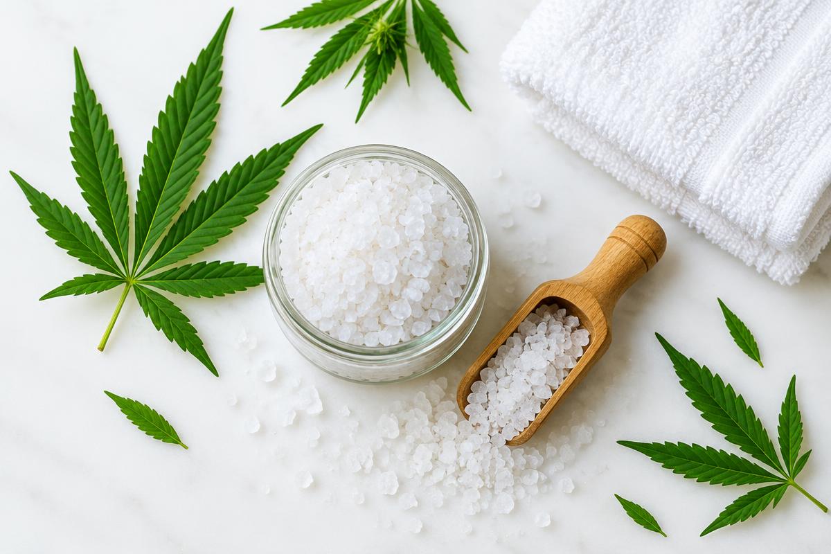 Jar of CBD bath salts with a wooden scoop, hemp leaves, and a folded towel