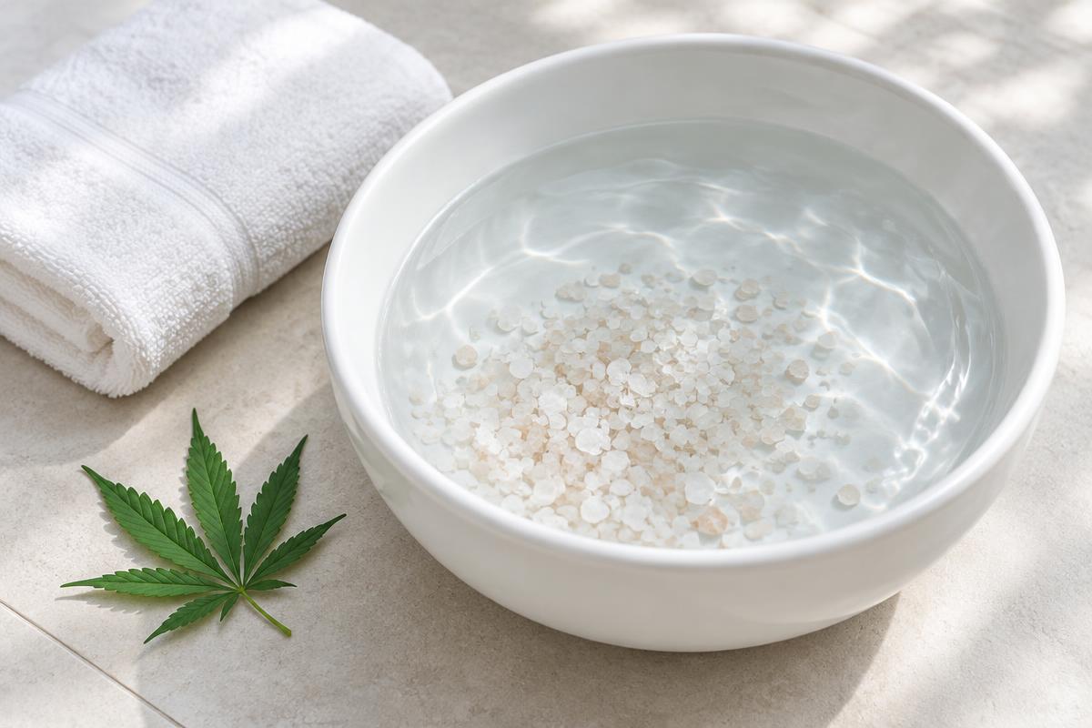 Basin with a CBD foot soak, a folded towel, and a hemp leaf