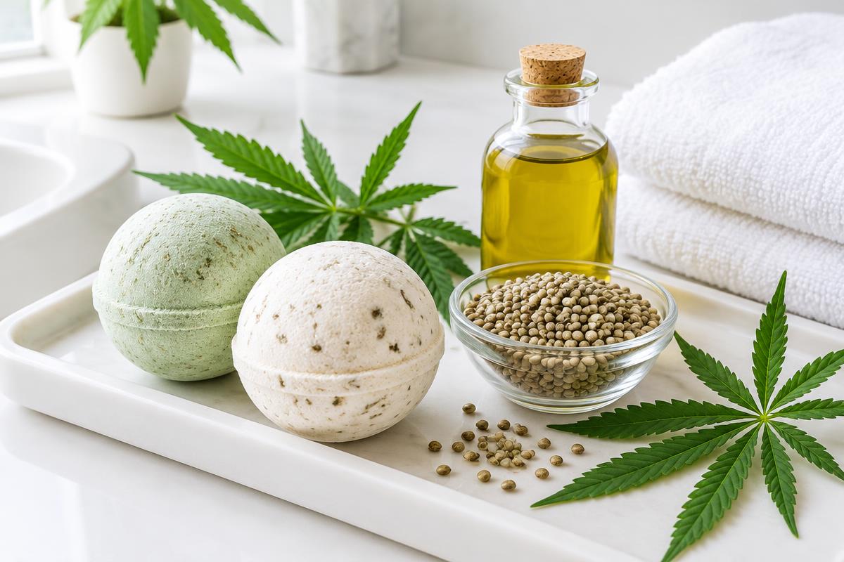 Two bath bombs beside hemp seeds, hemp seed oil, hemp leaves, and a folded towel