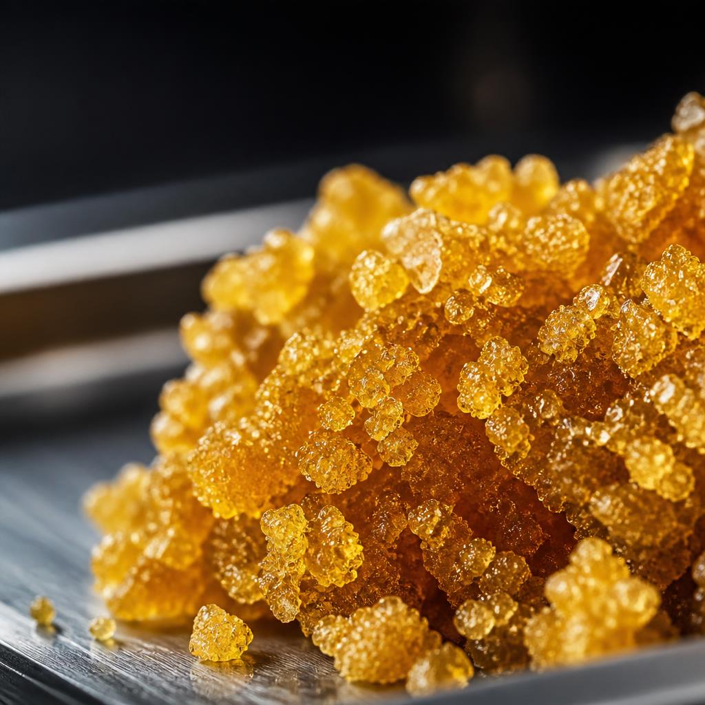 Close-up texture of golden CBD crumble concentrate