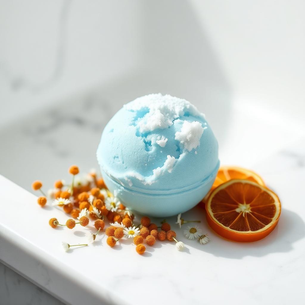 Pale blue chamomile citrus CBD bath bomb on marble with chamomile and orange