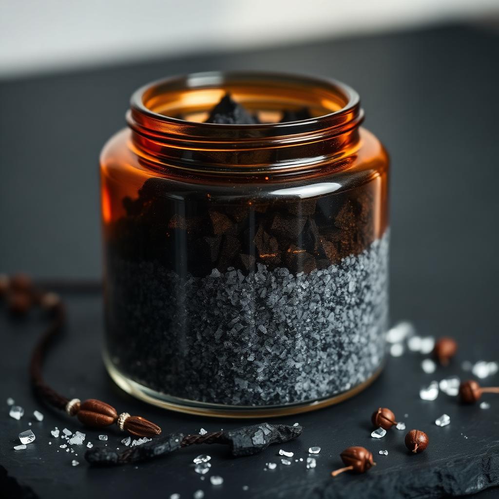 Amber jar of black charcoal detox CBD bath salts on dark slate
