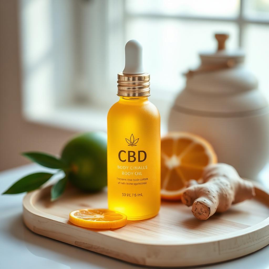 Frosted bottle of golden citrus CBD body oil with orange and ginger on wood