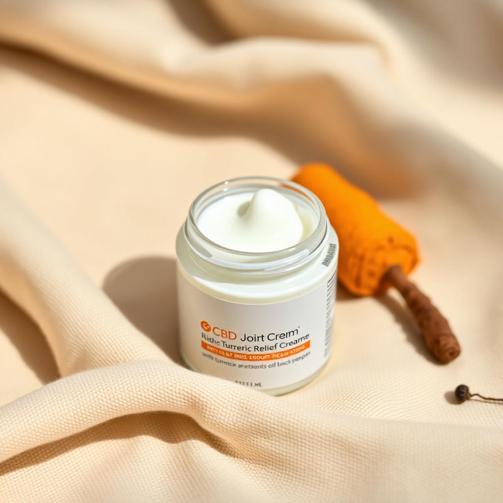 White jar of turmeric CBD joint relief cream with turmeric root on linen