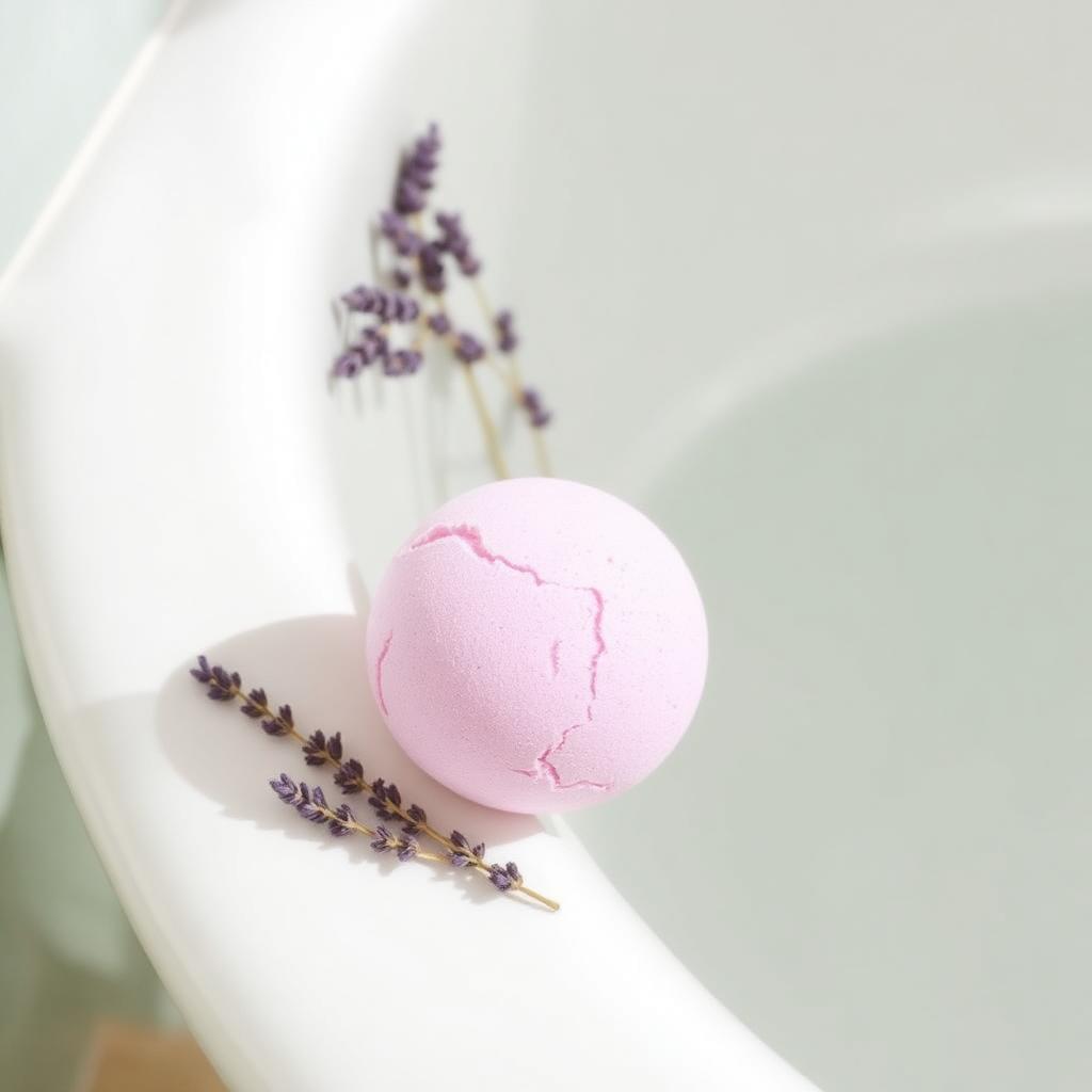 Pastel pink Lavender CBD bath bomb on a white bathtub edge with dried lavender