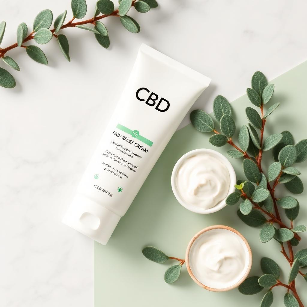 CBD pain relief cream USA — white tube of premium CBD cream with eucalyptus on marble (buy CBD cream online USA)