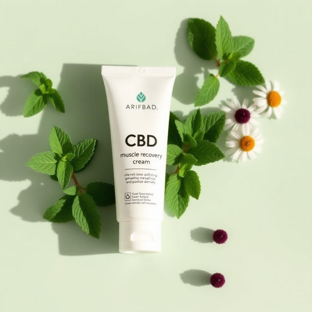 White tube of CBD muscle recovery cream with fresh mint and arnica flowers